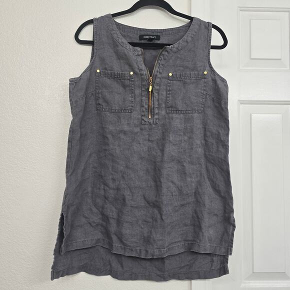 Ellen Tracy 100%Linen Sleeveless Top XL Gray 1/4 Zip Classic Normcore Minimalist - Picture 1 of 7